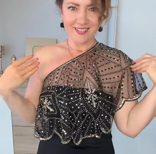 Vintage Lace Beaded Shawl,1920s Shawl Wraps Sequin Beaded Evening Women's Flapper Shawls for Gatsby Accessories3