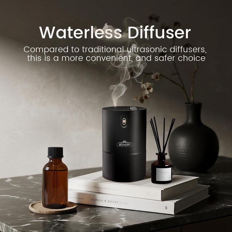 Waterless Diffuser for Essential Oil, Car Diffsuer, Aluminum Alloy & Fabric, 0.33 Fl Oz/ 10mL, Waterless Diffusers, Scent Diffuser with Timer & 4 Mist Levels for Home, Room, Car, Office - Black
