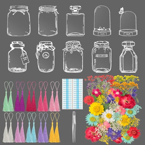 Kaluofan 103PCS Bookmark Making Kit Transparent Flower Bookmarks Handmade Dried Flower Bookmark Kit for School DIY Bookmark Kit with Abundant Bottle Bookmarks Dried Flowers Tassels and Tweezer