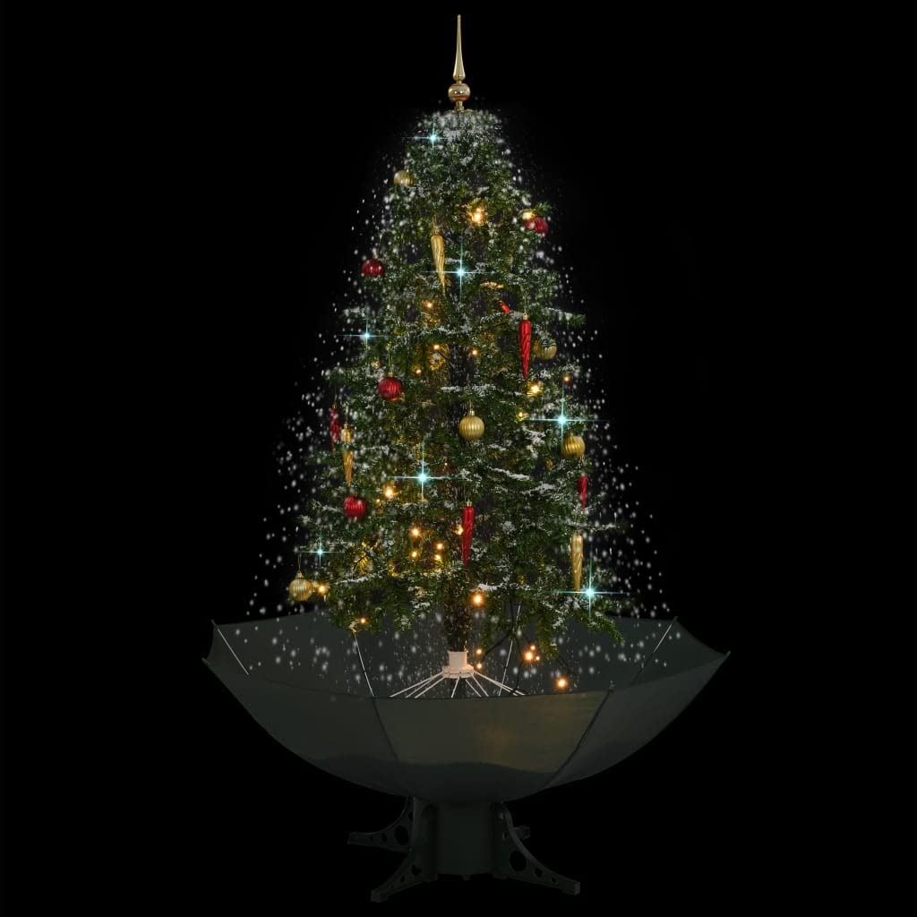 KOIECETA Schneiender Weihnachtsbaum mit Schirmfuß Schneefall Kugeln LED-Lampen Tannenbaum Christbaum Kunstbaum Dekobaum Schnee Grün 170cm