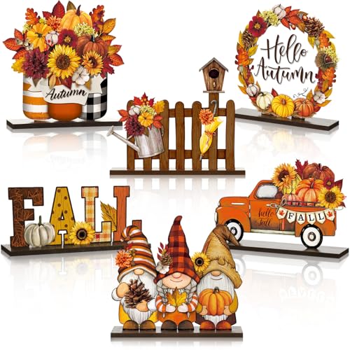 Wenqik 6 Pcs Wooden Table Decorations Wood Tabletop Sign Centerpiece Rustic Decorations for Office Desk Farmhouse Home Kitchen Tiered Tray Decor Shelves Table Decorative(Maple Pumpkin)