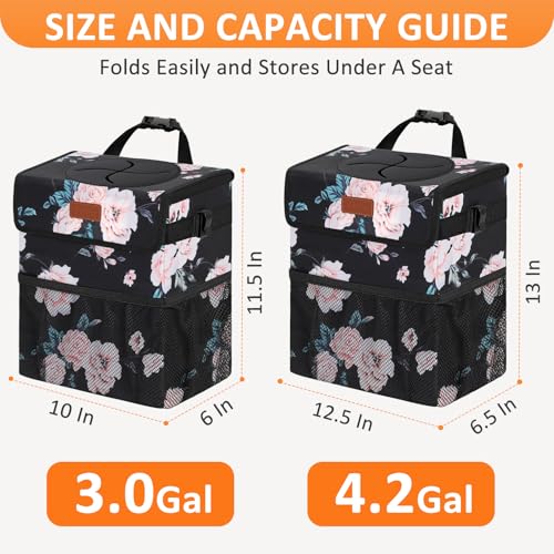 Image of Vankor 4.2 Gallons Car Trash Can with Lid, Bag Bin Hanging Waterproof Automotive Car Garbage Cans Leak Proof Vehicle Trash Can for Truck SUV,Black Floral