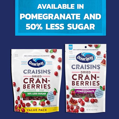 Image of Ocean Spray Craisins Blueberry, Dried Cranberries Infused with Blueberry Juice, Dried Fruit, 6 Oz Pouch (Pack of 12)