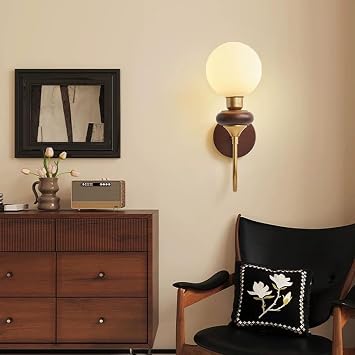 Vintage Wood Wall Sconce Globe Milk White Glass Wall Lamp Antique Brass Finish Metal Wall Light, Nordic Modern Deco Lighting Fixture Retro Walnut Wooden Sconces for Living Room Hallway