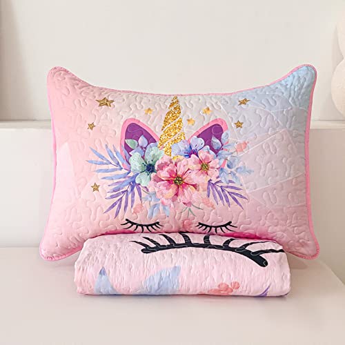 2-Piece Pink Unicorn Quilt Set For Girls Twin Size Kids Comforter Bedding Set Stars Flowers Reversible Quilted Bedspread Coverlet Lightweight Bed Sheet Set Cover Throw Blanket With Pillow Sham #TOP6