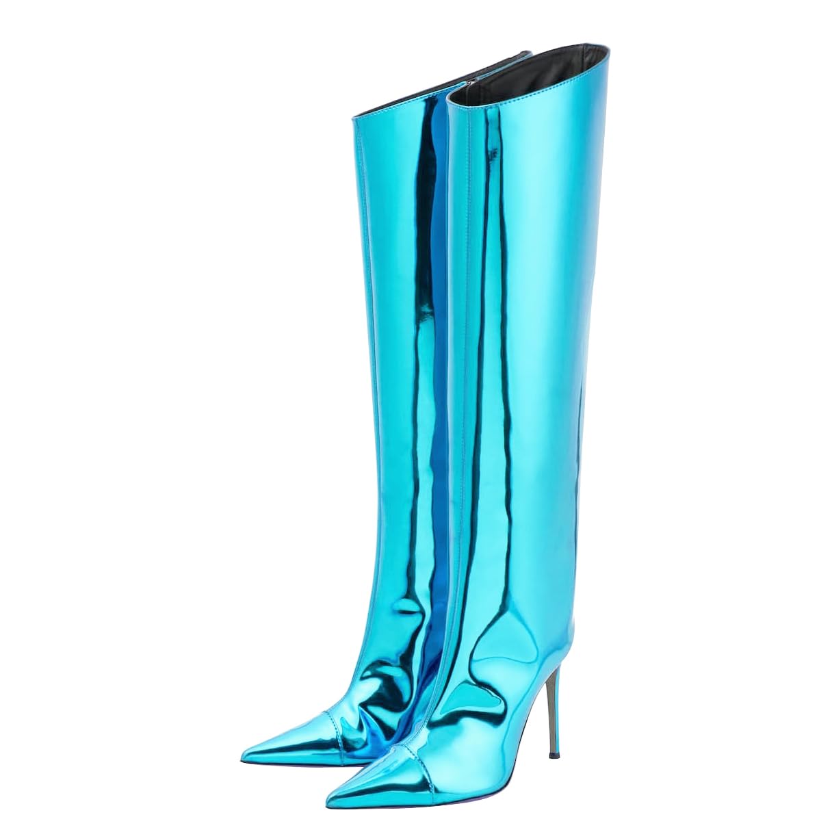 Arqa Metallic Boots for Women Pointed Toe High Stiletto Heel Knee High Boot Fashion Chrome Zipper Boot Dressy Party Shoes 8.5 Blue