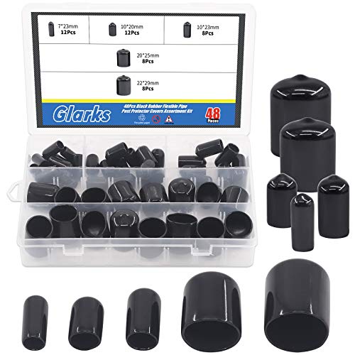 Glarks 48Pcs 1/4'' 3/8'' 1/2'' 3/4'' 7/8'' ID Black Rubber Thread Protector Covers Assortment Kit Vinyl Tube End Caps Round End Flexible Caps Set for Protecting Furniture Feet Tube and Screw