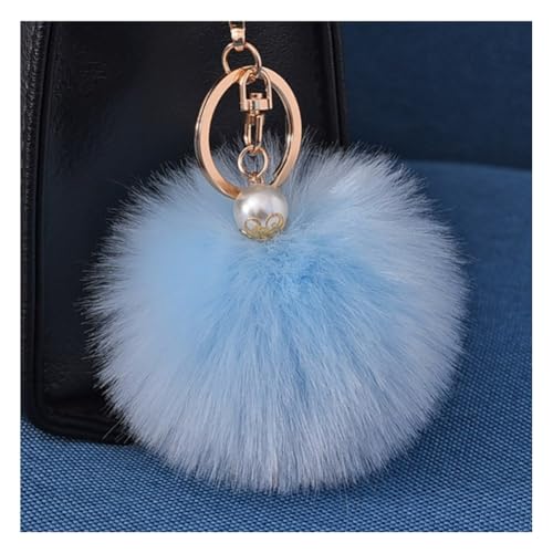 Wisafory Schlüsselanhänger Pom Pom mit Gold Perle Flauschigen Kunstfell Schlüsselbund Taschenanhänger Taschen Koffer Rucksäcke Zubehör Schlüsselring Handy Charme für Frauen Hellblau