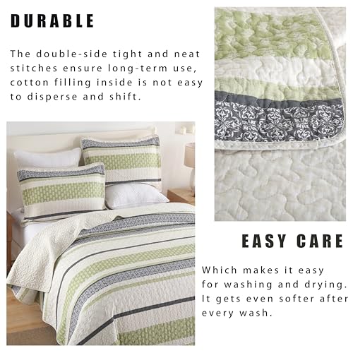Image of Homzard King Size Quilt,Cotton King Size Bedding Comforter Set,Sage Green Beige Grey Bedspread Set,Striped Bed Set Coverlet Lightweight Farmhouse Home Decor 3 Piece