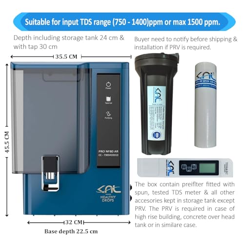 Image of KNL PRO NF80 AR Blue NF (Nano Filtration) water purifier with SS 304 UV, with Alkaline regulator, for input TDS range (750-1400) ppm, Reduces TDS (85)%, no TDS controller, tank 10 liters + TDS meter
