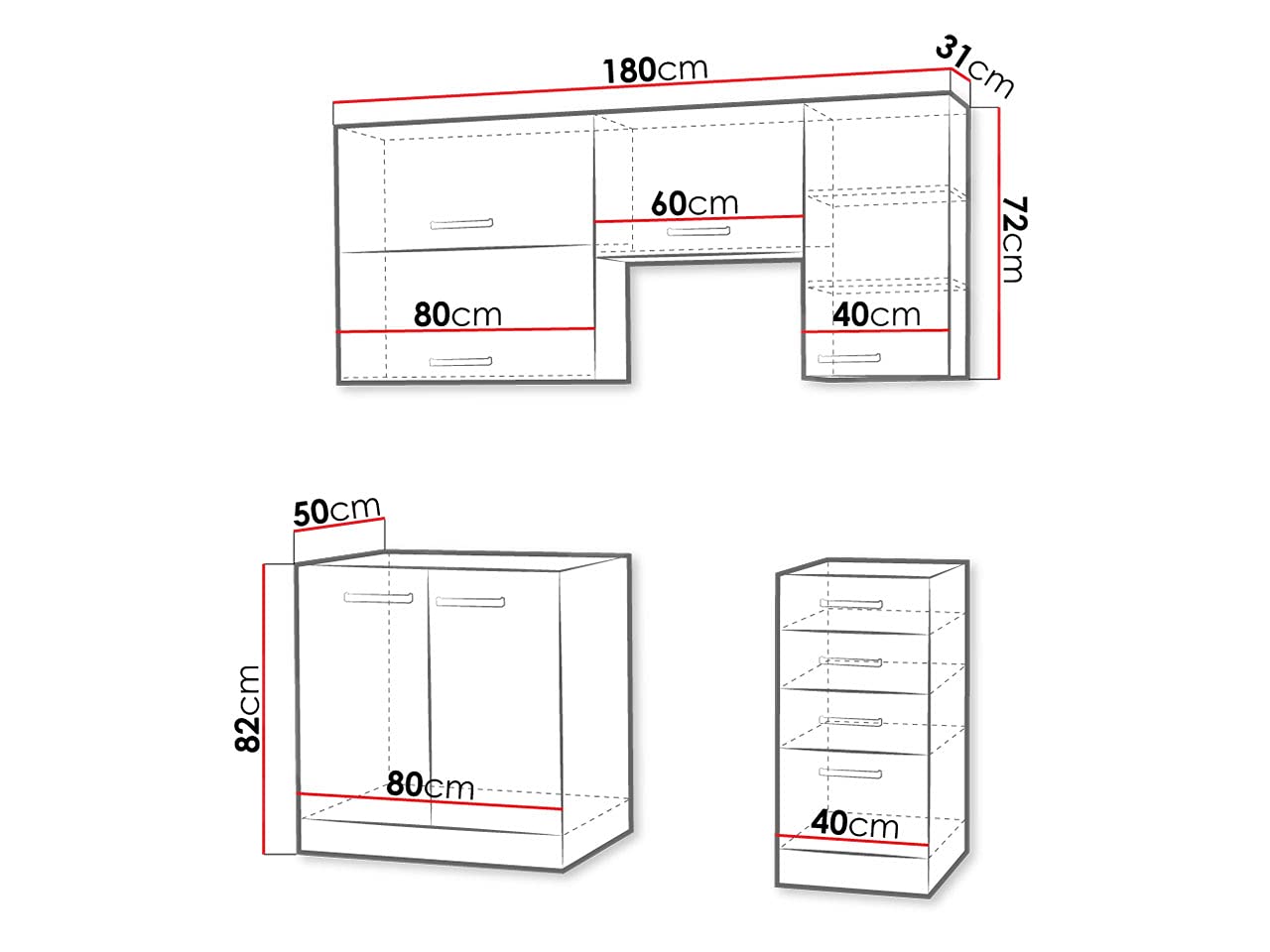 Mirjan24 Küche Multiline II, 180 cm Küchenblock/Küchenzeile mit Arbeitsplatte und Spülbecken, 5 Schrank-Module frei kombinierbar (Grau/Weiß Hochglanz; mit LED Beleuchtung)