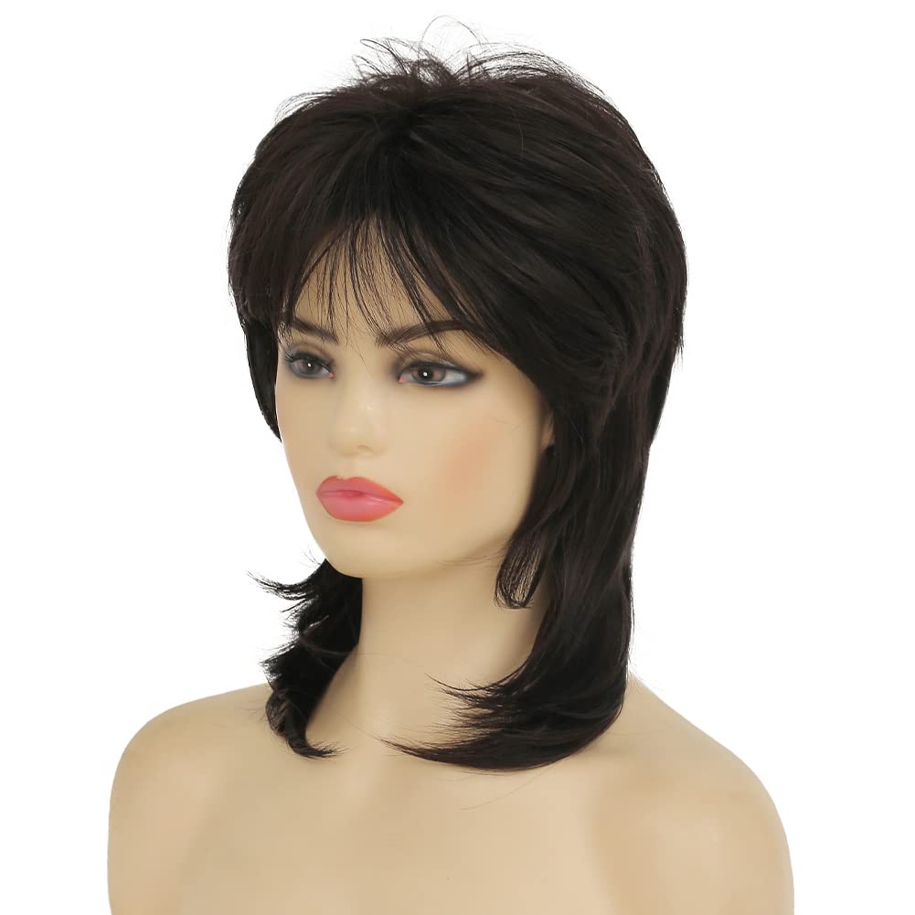 Short Black Mullet Wigs for Women Shaggy Layered Fluffy Wig 80s Rocker Shoulder Length Curly Wig Cosplay Halloween Costume Wigs Hair Replacement Wigs - Image 2