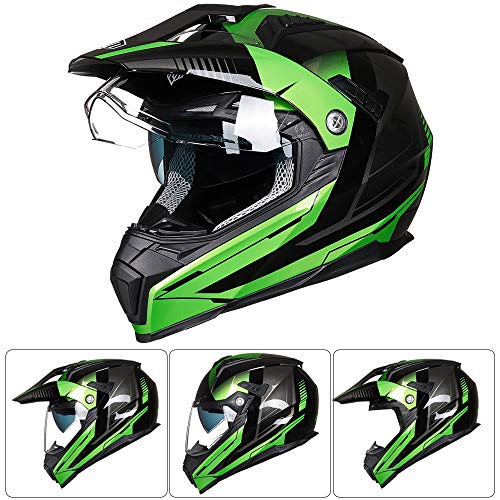 Ilm Off Road Motorcycle Dual Sport Helmet Full Face Sun Visor Dirt Bike Atv Motocross Casco Dot Certified Model 606V(Green, M) #TOP2