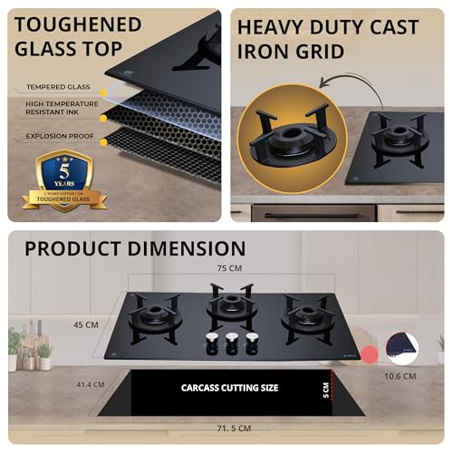 Image of Elica 75cm 3 Burner Auto Ignition Hob | RG FLEXI 375 LOTUS IND HD Brass | SABAF Brass Burners | Built-in & Freestanding | Toughened Black Glass | 10-Year Burner & 5-Year Glass Warranty