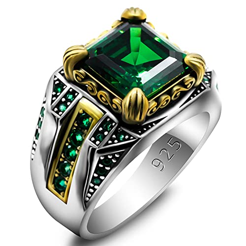 LovePlus Solid S925 Sterling Silver Square Zircon Ring Red Green, Blue Gem Turkey Handmade Elegant Style Men's/Women's Ring, Suitable for Daily Wear Gift Size 7-12