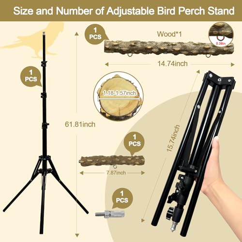 Image of 3-Layer 16-63 Inch Height Adjustable Bird Perch Pepper Wood Birds Training Perch Stand Parakeet Perches Indoor and Outdoor Parrot Stands for Small to Medium Bird