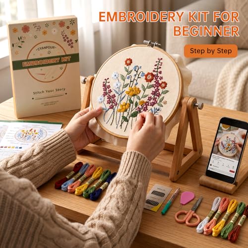 Image of CYANFOUR 5 Pack Beginner Embroidery Kit for Adults, Easy to Learn Floral Embroidery Patterns from Video & Instruction, Needlepoint Kits for Adults Include Embroidery Hoop, Colorful Threads, Tools
