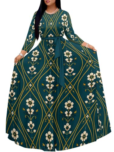 Image of Women Plus Size Long Sleeve V Neck Maxi Dress with Belt | Soft fabric relaxed fit three quarter sleeve v neck with pockets for party and daily wear