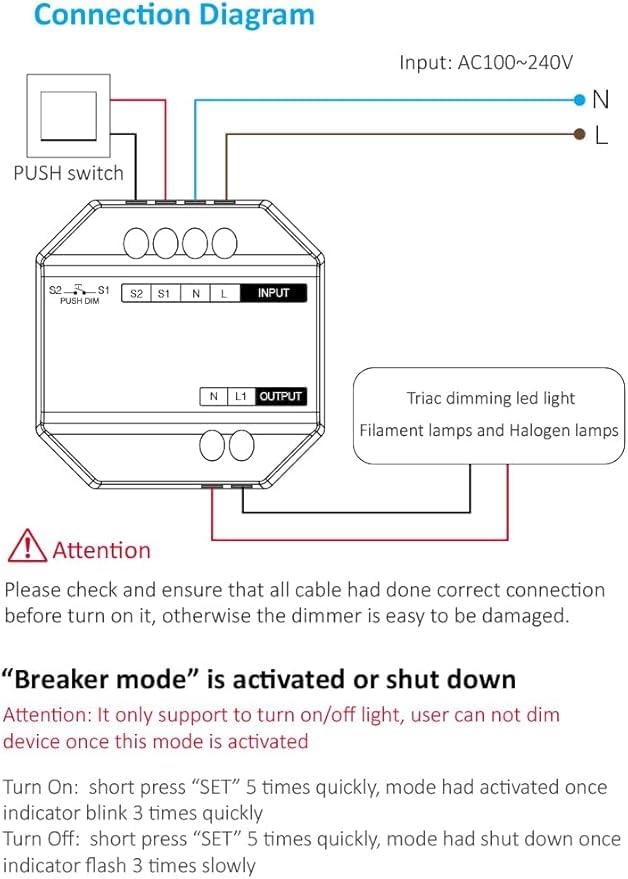 Wiring diagram for MiBOXER TRI-C1WR dimmer with push switch and LED light