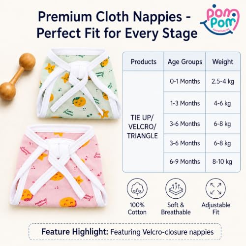Image of Muslin Langots for new born 0-3 months| Cotton Nappy Washable Reusable, Skin-Friendly U-Shape Tie up Nappies Infant babies, Newborn Baby Clothes Cloth Diaper Pack of 10 Multicolor Printed