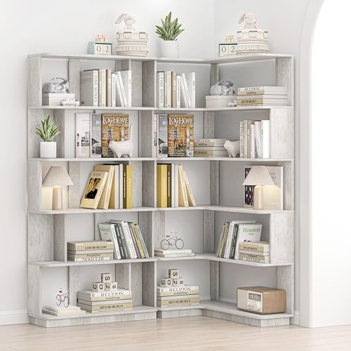 KEIKI 64.56"H Corner Book Shelf with Baffle, 6 Tier Wooden Corner Bookshelf with Open Storage Rack Display Shelves, L-Shaped Etagere Bookcase Stand for Home Office, Living Room, Kitchen, Freestanding by KEIKI - Used condition - Image 8