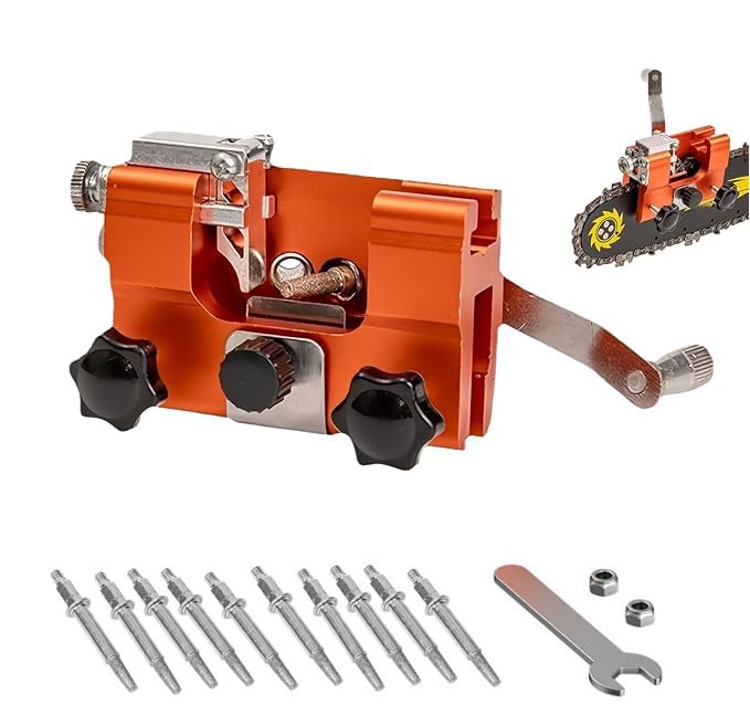 Afilador de cadenas Qinux Klampero, dispositivo de afilado de motosierra, afilador de cadenas portátil con manivela manual (afilado de cadenas + 10 cabezales de afilado)