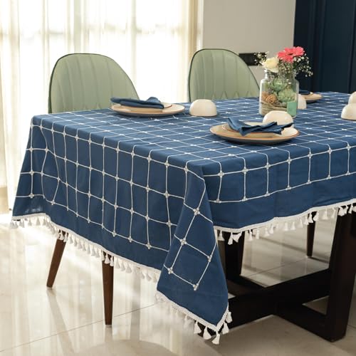 Image of Urban Space 100% Cotton Rectangular Dining Table Cover 4 Seater, Premium Embroidered Cotton Table Cover for Center Table with Tassels, Rectagular Table Cloth 52 inch x 72 inch (4 Seater, Aura Checks Indigo)