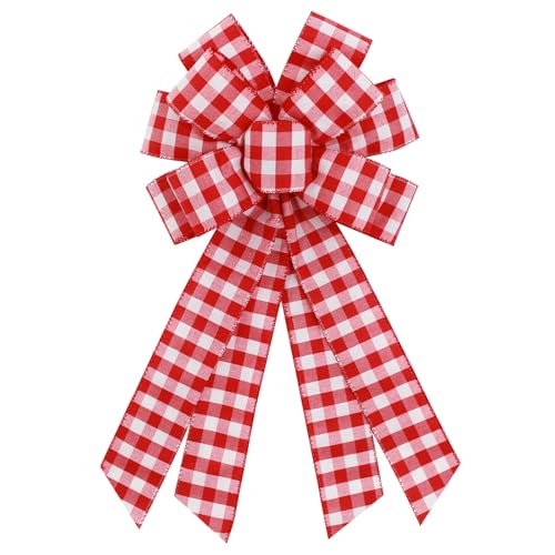 Ftuuo Large Red White Buffalo Plaid Wreath Bows Farmhouse Burlap Bow for Wreath Rustic Crafts Decorative Hanging Ornament Bow for Indoor Outdoor Wedding Holiday Birthday Party Decorations