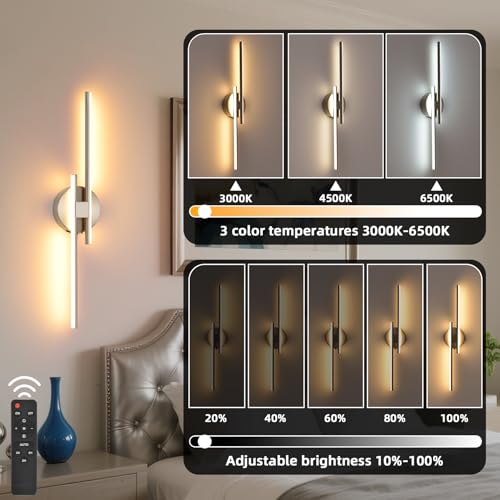 Image of Battery Operated Wall Sconce Set of 2, Brushed Nickel 23.6 inch 3000K-6500K Dimmable Wall Sconces with Remote Control, Wireless Wall Light Rechargeable for Bedroom Hallway Living Room Background