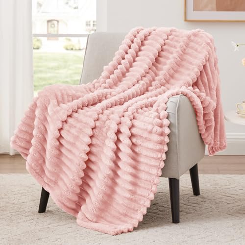 Image of EXQ Home Fleece Throw Blanket for Couch or Bed - 3D Stripe Jacquard Decorative Blankets - Cozy Soft Lightweight Fuzzy Flannel Blanket Suitable for All Seasons(50"×60",Pink)