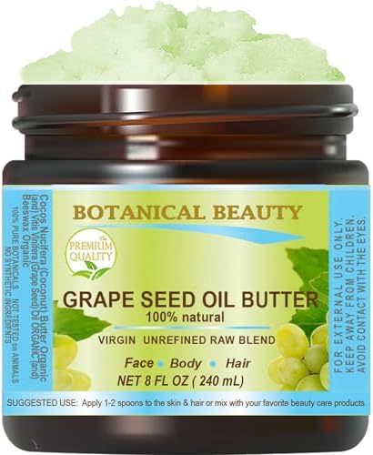GRAPE SEED OIL BUTTER RAW Natural Virgin Unrefined Pure 8 Fl.oz.- 240 ml for Face, Skin, Hair, Lip, Nails by Botanical Beauty