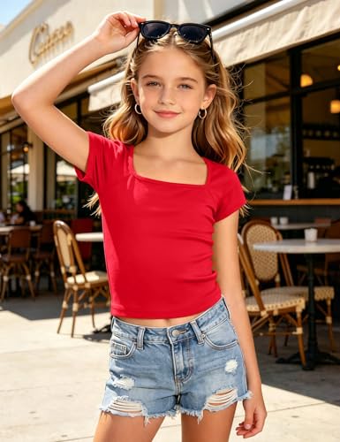 Image of Crop Tops for Girls Short Sleeve Shirt Girls Summer Tops Square Neck Slim Fit Tops Basic Tee