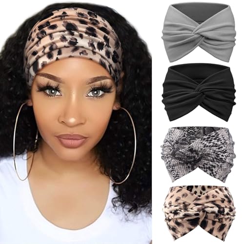 Image of DRESHOW 4 Pack Turban Headbands for Women Wide Vintage Head Wraps Knotted Cute Hair Band Accessories