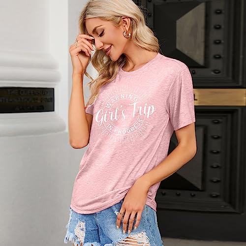 Image of Women's Casual Warning Girls Trip in Progress T-Shirt Casual Crewneck Short Sleeve Graphic Tee
