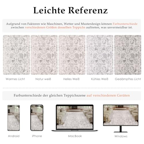 HUGEAR Vintage Grau Waschbarer Teppich Wohnzimmer 150x210cm Retro Rugs for Living Room Weich rutschfest Groß Tepich Kurzflor Schlafzimmer Carpet Living Room Bedroom Esszimmer Teppiche Büro