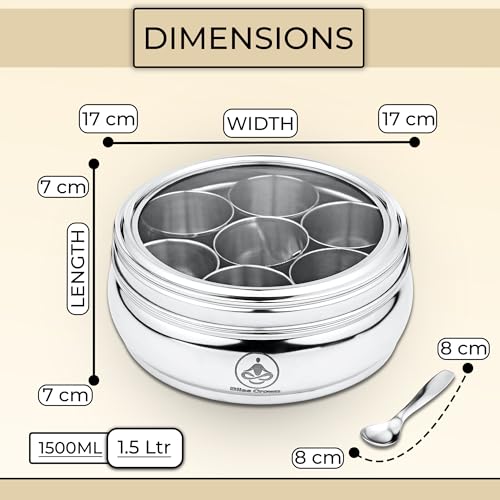 Image of Spice Box - 7 Compartment Food Grade Stainless Steel Masala Container with Lid & Spoon | Bold Kitchen Organizer for Everyday Cooking (Silver) 1500 Ml