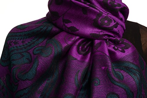 Pashmina violet à franges douceur thermique et imprimés fleuris