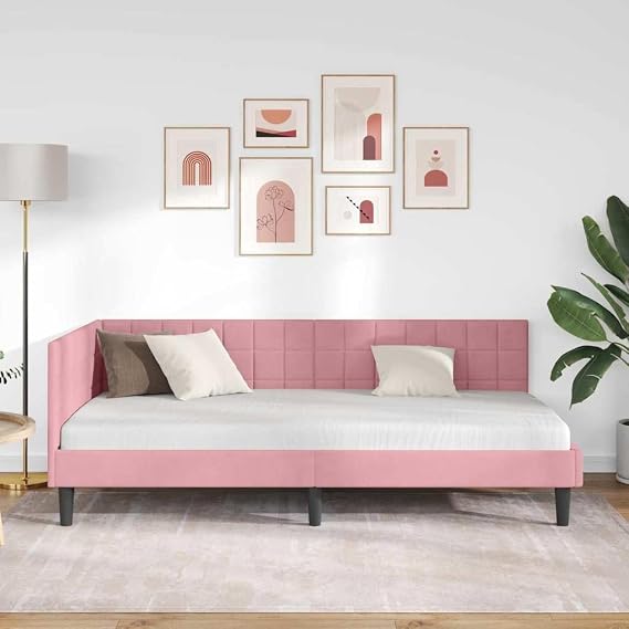 Corner Bed Frame 90 x 200 cm Pink Velvet with Headboard L Shape Space Saving Versatile Sofa Bed Modern Design Durable
