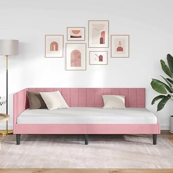 Corner Bed Frame 90 x 200 cm Pink Velvet with Headboard L Shape Space Saving Versatile Sofa Bed Modern Design Durable