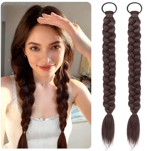 Braided Ponytail Hair Extensions Clip-In 2-Pack | 17 Inch Synthetic Hairpieces for Women with Hair Ties | Thick & Soft Wrap Around Ponytail for Daily Use Natural Look (Dark Brown)