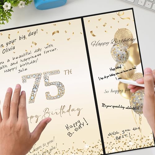 Image of DARUNAXY Black Gold 75th Birthday Party Decorations, Happy 75th Birthday Alternative Signature Guest Book for Men Women Cheers to 75 Years Old Gifts 75 Birthday Signing Card Board Party Supplies