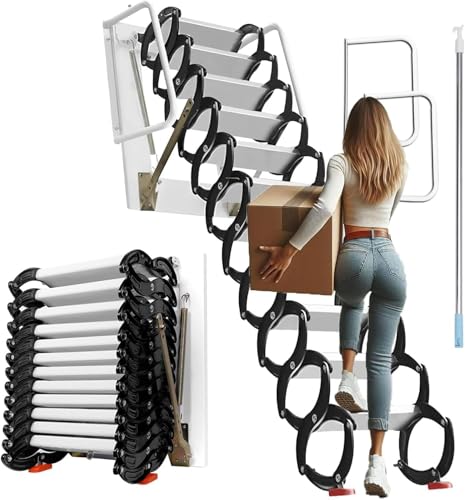 12 Steps Wall-Mounted Attic Ladder,Folding Stairs with Handrails,Maximum Load Capacity 880 Lbs,Attic Ladder Pull Down System-Suitable for Attics, Garages, Roofs, Basements