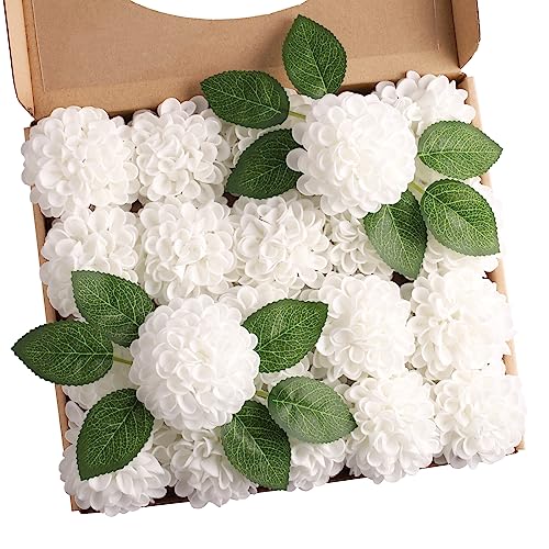 N&T NIETING Lot de 20 fleurs artificielles de dahlia avec feuilles et tiges, en mousse de dahlia blanc pour mariage, bouquets de fleurs, centres de table,...