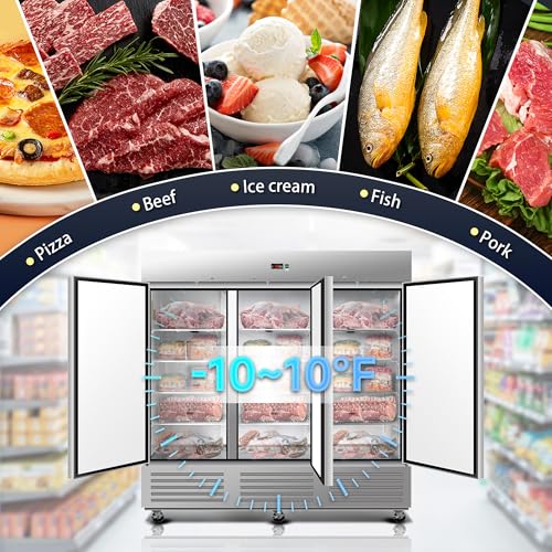Image of 81 inch W Commercial Upright Freezer with Three-Door: 72 Cubic Feet Storage, Adjustable Shelving, Automatic Defrosting, Precision Digital Thermostat, LED Lights, Safety Locks
