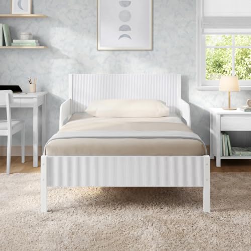 Delta Children Cora Wood Twin Bed with Removable Guardrails - Wood Twin Bed with Slats Supports for Girls & Boys Teens No Box Spring Needed White Oxford Stripes