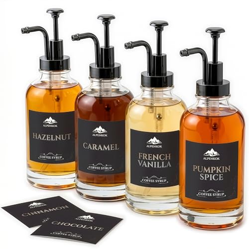 Image of Set of 4 Glass Coffee Syrup Dispenser with Pump 16.9oz 500 ml - 18 Marked Labels - Leak-Proof Glass Syrup Bottles for Coffee Bar, Espresso Station & Barista Setups | Parties & Event Ready (Black)