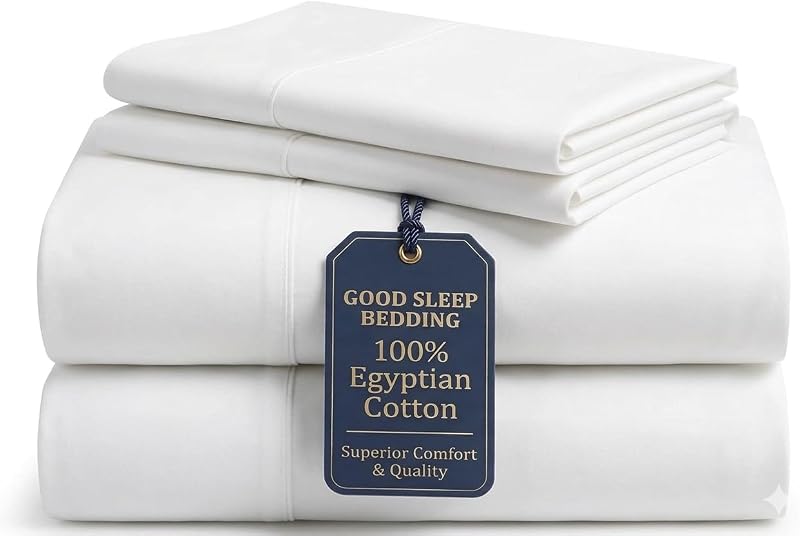 Good Sleep Bedding Full Size Bed Sheets, 4 Piece, 100% Egyptian Cotton Sheets Full Size Bed, Silky Sateen Weave, Ultra-Soft & Durable Hotel Sheets, 16" Deep Pocket Full Size Sheets Set - White