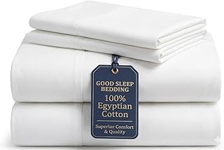 Good Sleep Bedding 100% Egyptian Cotton Sheets Queen Size, 4 Piece Silky Sateen Weave Queen Bed Sheets, Ultra-Soft & Durable Hotel Luxury, 16 Inch Deep Pocket Queen Sheets - White