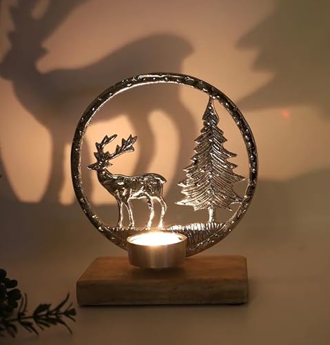 Silver Aluminium Deer Antler Tree Scene 16.5cm Christmas Xmas Gift Tealight Holder On Wooden Base Ornament