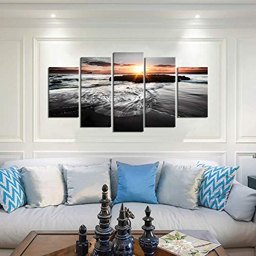 Skenoart 5 Panels Large Sea Sunrise Paintings On Canvas Wall Art Modern Seascape Pictures Black And White Ocean Beach Photos Giclee Prints Artwork For Living Room Home Office Wall Decor #TOP3